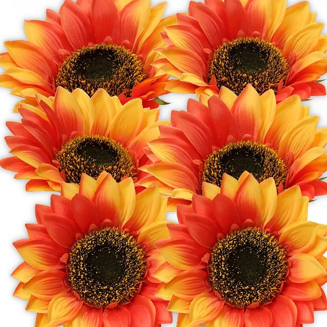 6 Pcs Large Artificial Sunflower Heads, 7" Orange Fake Silk Sunflowers Bulk Faux Sun Flowers Arrangements for Home, Birthday, Party, DIY, Wedding, Autumn Decorations