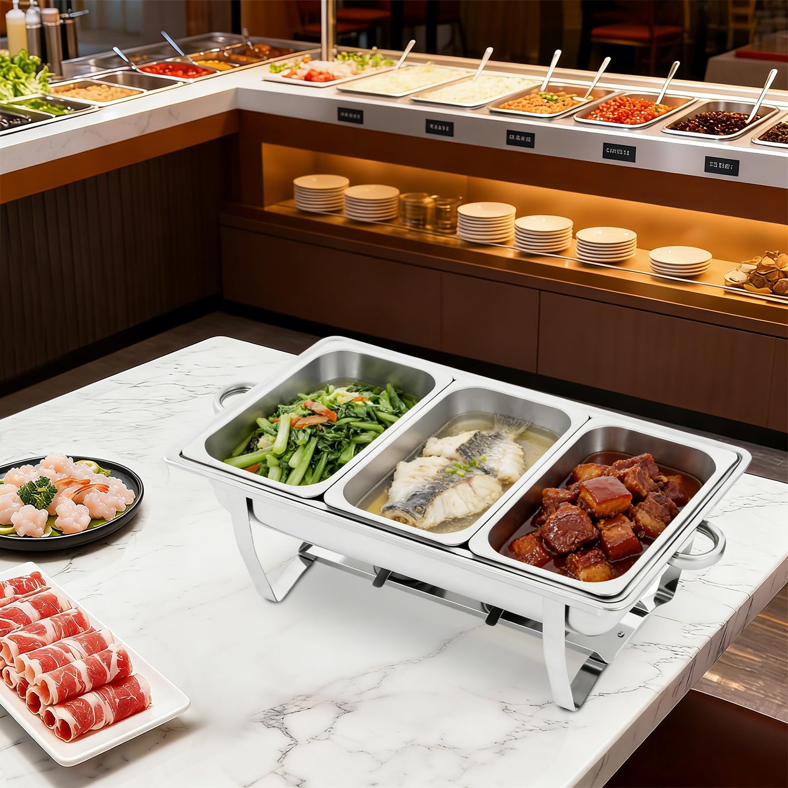Set scaldavivande per buffet, scaldavivande rettangolare con 3 scomparti per alimenti, set scaldavivande in acciaio inox per ristoranti, buffet, hotel