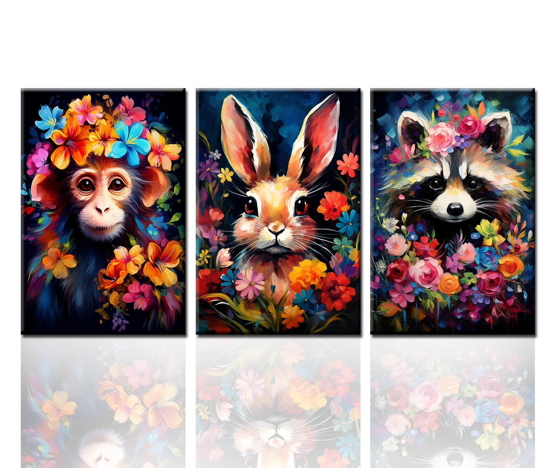 Tucocoo Wall Pictures for Bedroom Cute Animal Close-up Floral Paintings Monkey Raccoon Rabbit Canvas Art Colorful Contemporary Artwork Home Decor for Living Room Framed Ready to Hang 20x28 inchx3pcs — image 1