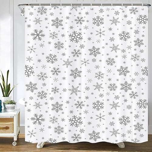 SPXUBZ Cortina de ducha de copo de nieve gris para Navidad, invierno, vacaciones, color blanco, impermeable, decoración de baño, juego de cortinas