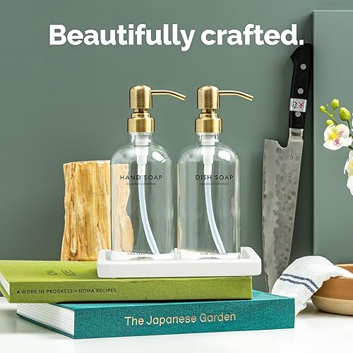 Miniatura 2 de Vine Creations Juego de dispensador de jabón de vidrio, dispensador de jabón de cocina con bandeja de cerámica, dispensador de jabón para platos de