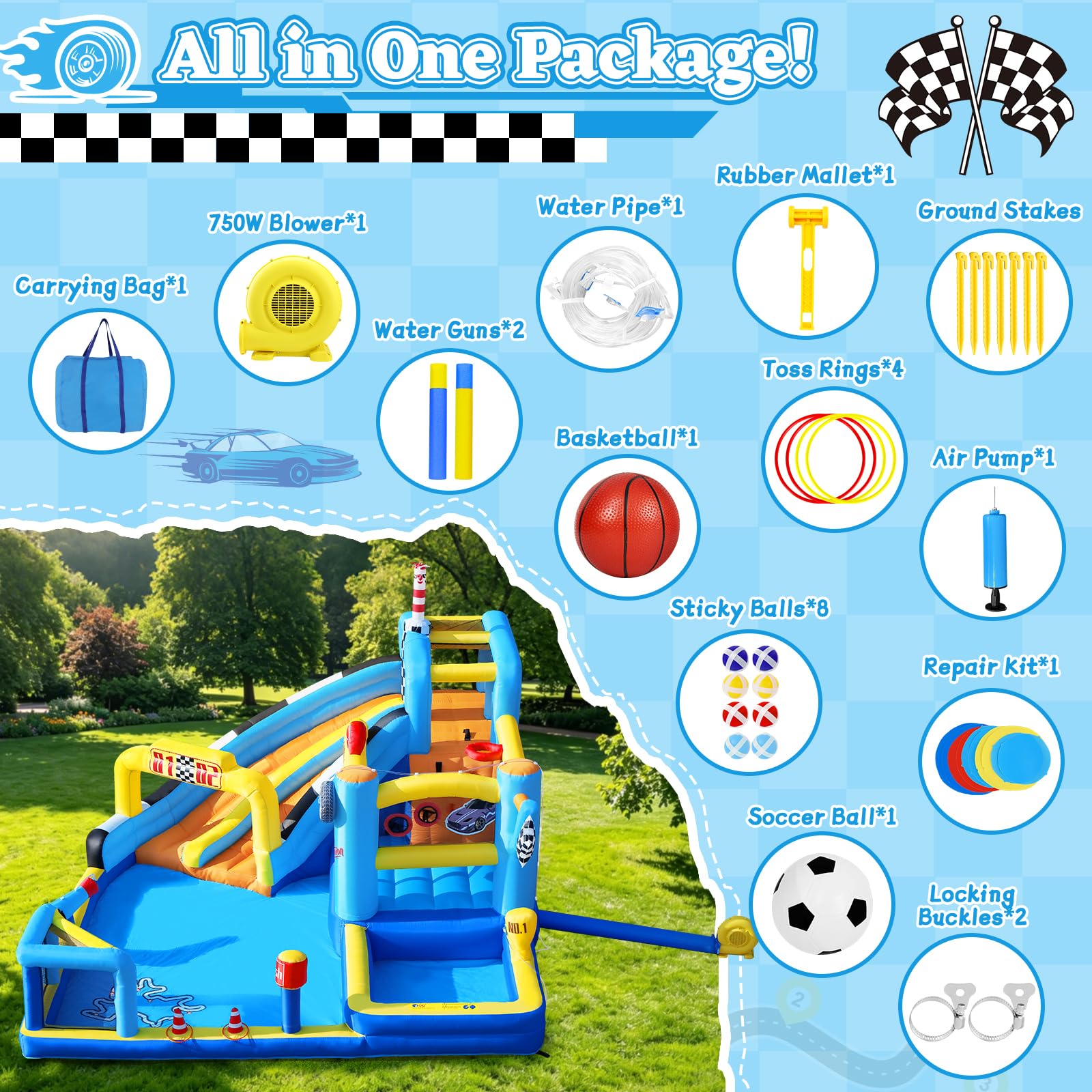 Château Gonflable de Course pour Enfants, Grand Château Gonflable 12 en 1 avec Souffleur 750W, Double Toboggan Aquatique, Pataugeoire, Zone de Saut, adapté pour l'intérieur et l'extérieur