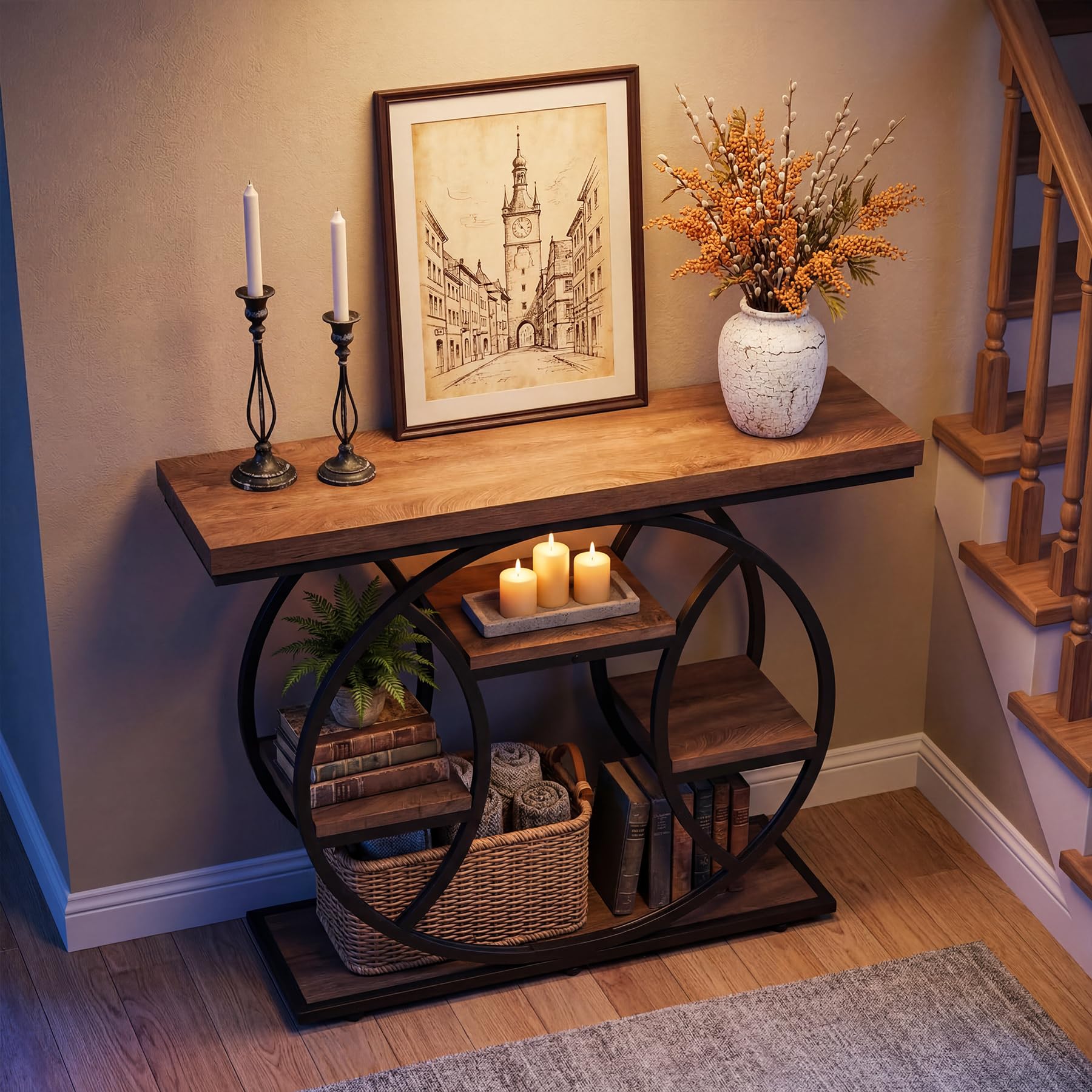 Tribesigns 41.3" Console Table, 4-Tier Industrial Sofa Table with Circular Metal Frame & Storage Shelves, Narrow Entryway & Hallway Table, Rustic Brown Modern Design