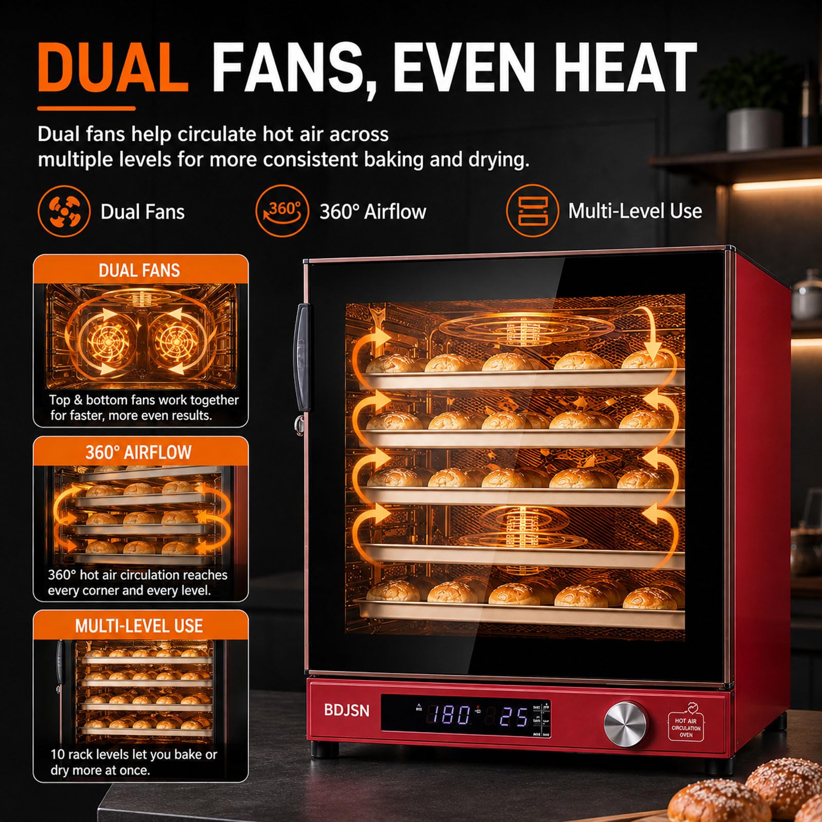 Four À Convection Professionnel 80 L, 10 Niveaux Pour Cuisson, Fermentation Et Séchage, Air Chaud À Double Ventilateur, 25–260 °c, Minuterie 999 Min, 2800 W, Pour Pain, Gâteaux, Pâtisseries