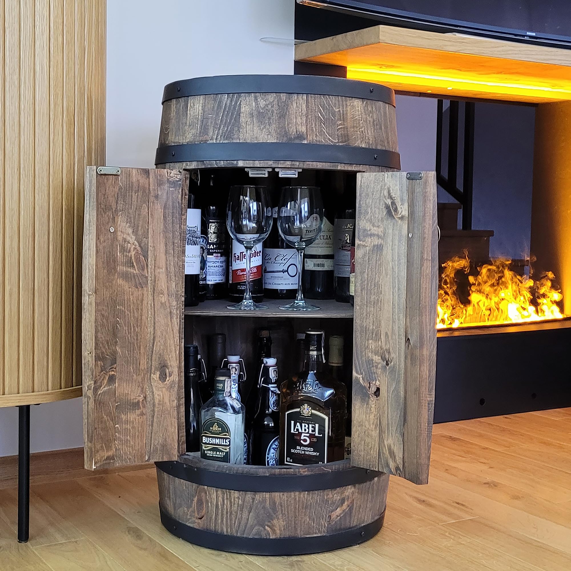 WEECO Barile con due ante, armadio per bevande, Whisky bar, Barile di vino, Cantinetta Portabottiglie in Legno, Mini Bar scaffale rotondo, Scaffale vino Botte vini, Barile Grappa, Barile da whisky