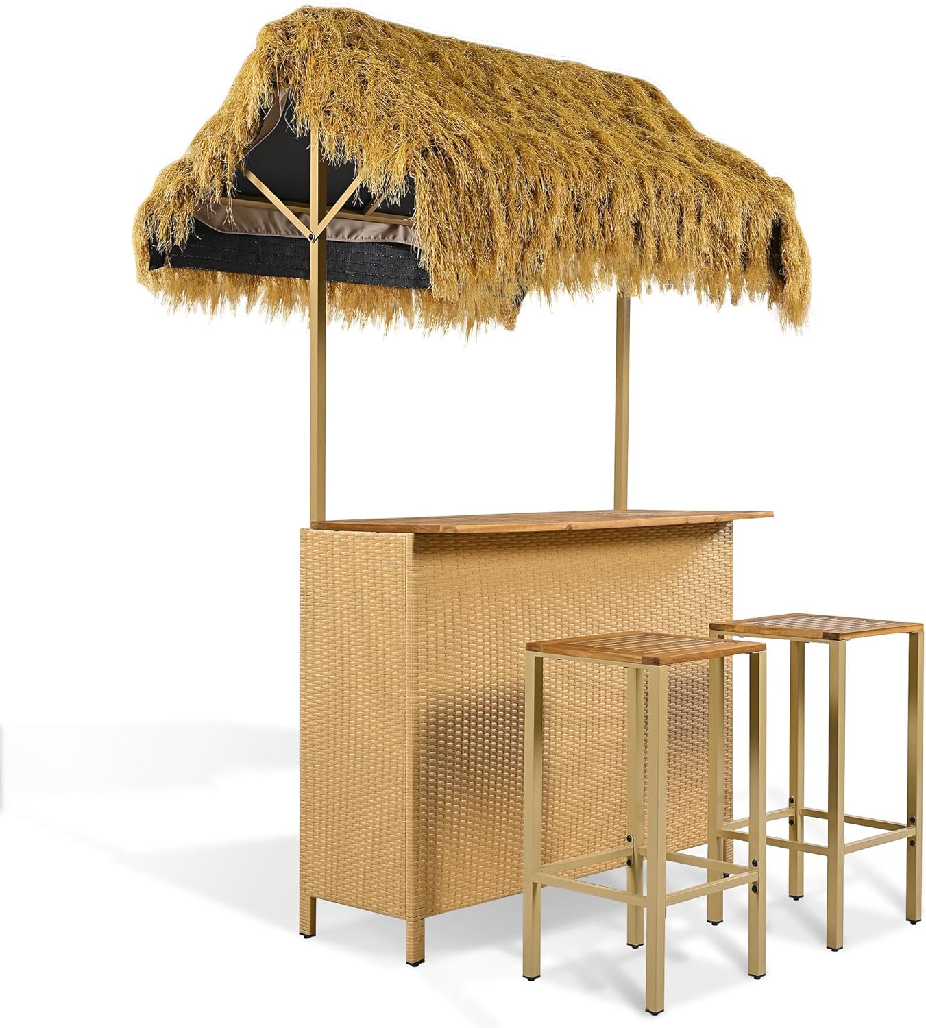Domesto Outdoor Tiki Bar Set, Hawaiian Style Bar Height Patio Set with PE Grass Canopy, Outdoor Bar Table and Stools with Adjustable Feet, Acacia Wood Top, for Dining and Drinking (1Pcs)