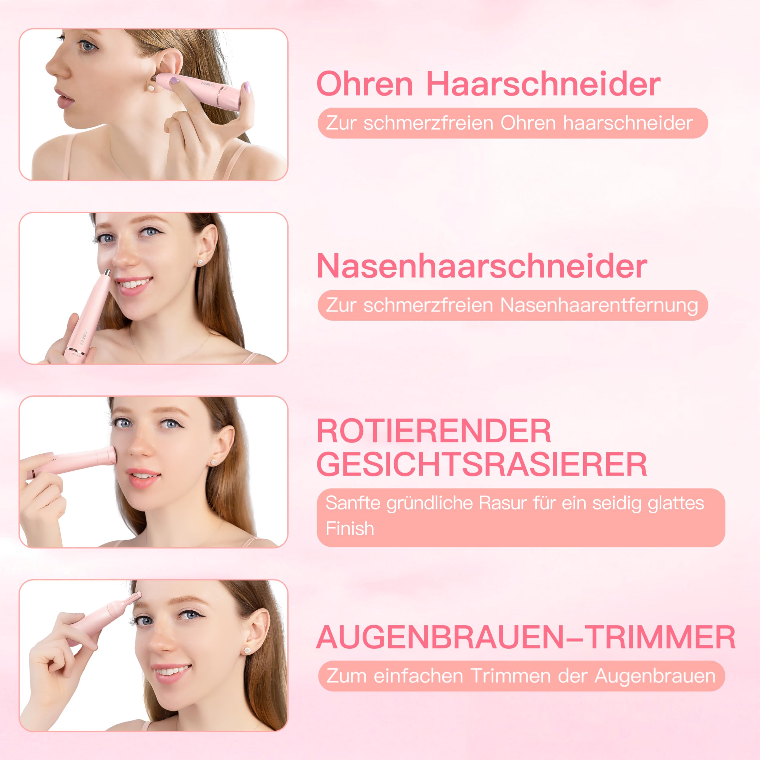 HEBECA Nasenhaartrimmer für Frauen 3-in-1 Elektrische Gesichtsharentfernung Wiederaufladbare Augenbrauenrasierer Elektrisch Portble Wasserdichte Gesichtsrasierer Rasierer (Rosa)