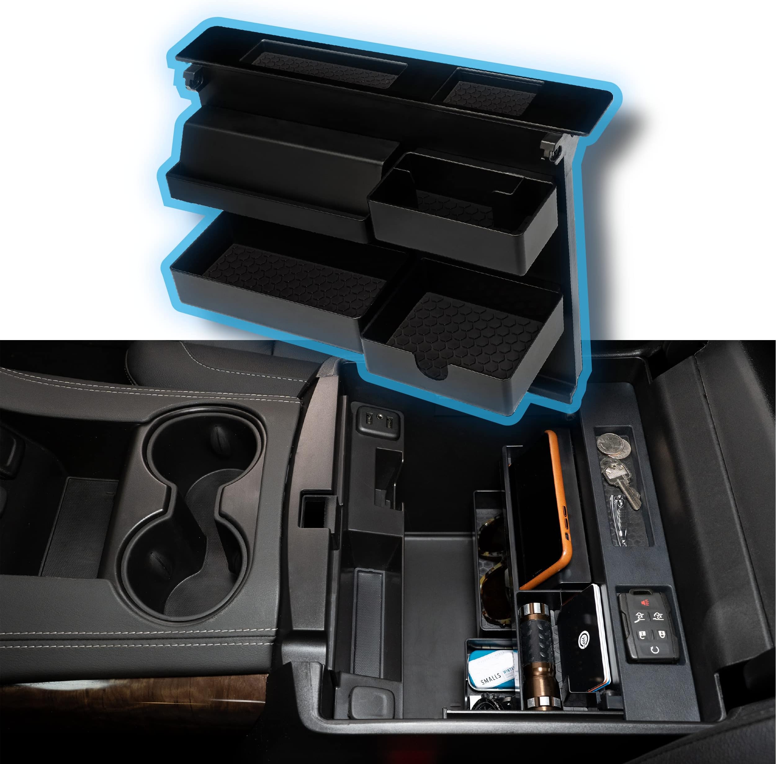 Center Console Organizer - Compatible with Chevrolet and GMC Trucks (2014-2019) & SUVs (2015-2020) 13.2" x 2" x 9.2" - Black