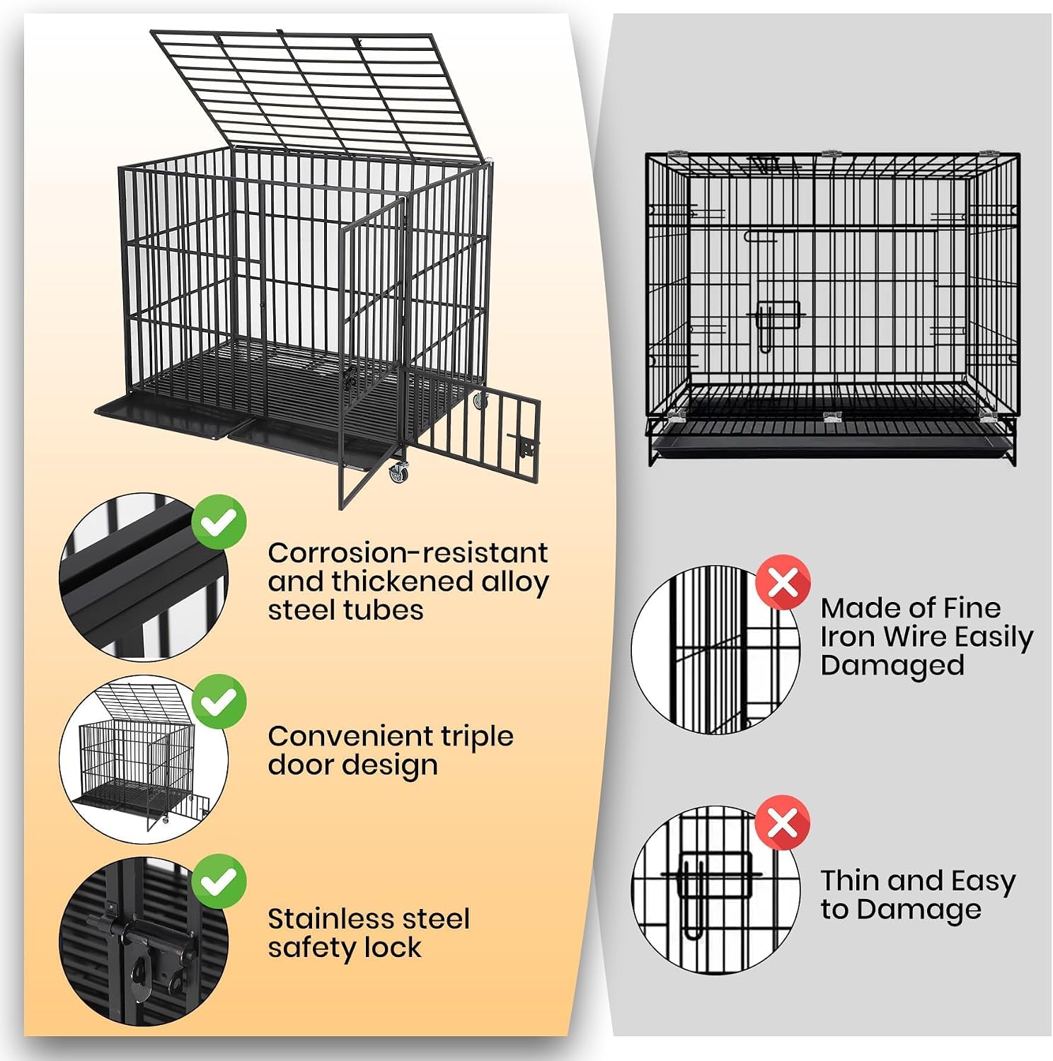 54 Inch Heavy Duty Escape-Proof Dog Crate, XL Metal Kennel 3 Doors Tray & Wheels, High Anxiety Cage for Large/Medium Breeds, Black