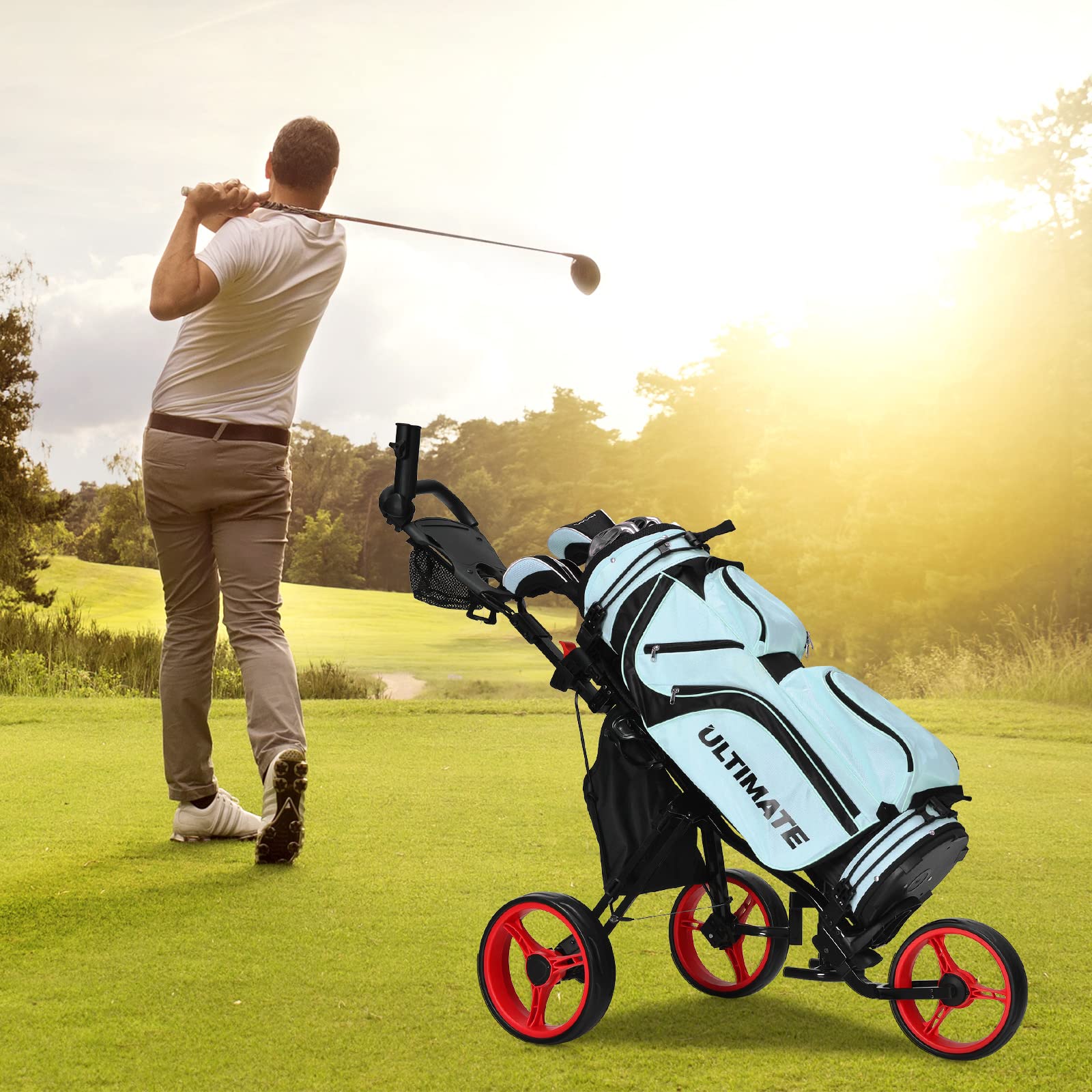 GYMAX Golf Push Trolley klappbar, 3-Rad Golfwagen mit Sitz & Verstellbarer Griff, Golftrolley, Golfcaddy, Golf Push Cart inkl. Scoreboard, Flaschehalter, Schirmhalter & Aufbewahrungstasche