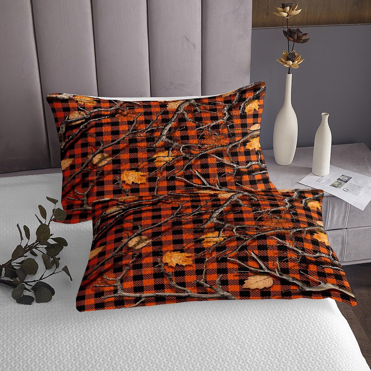 Erosebridal Woodland Tree Branch Coverlet Set Queen Camouflage Tree Leaves Bedspread Retro Buffalo Plaid Grid Quilt Set for Kids Adults,Rustic Farmhouse Bedding Quilted