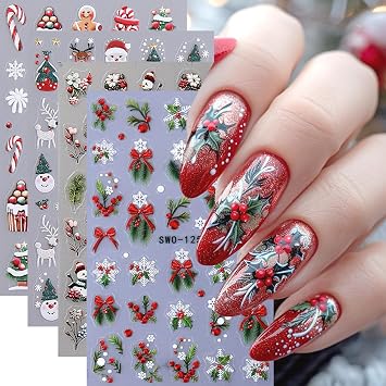 Christmas Nail Art Stickers 3D Embossed Holly Sprig Bow Nail Decals Self-Adhesive Gingerbread Man Xmas Tree Designs Nail Stickers Santa Claus Elk Nail Decal Snowmen Flower Nail Sticker for Women