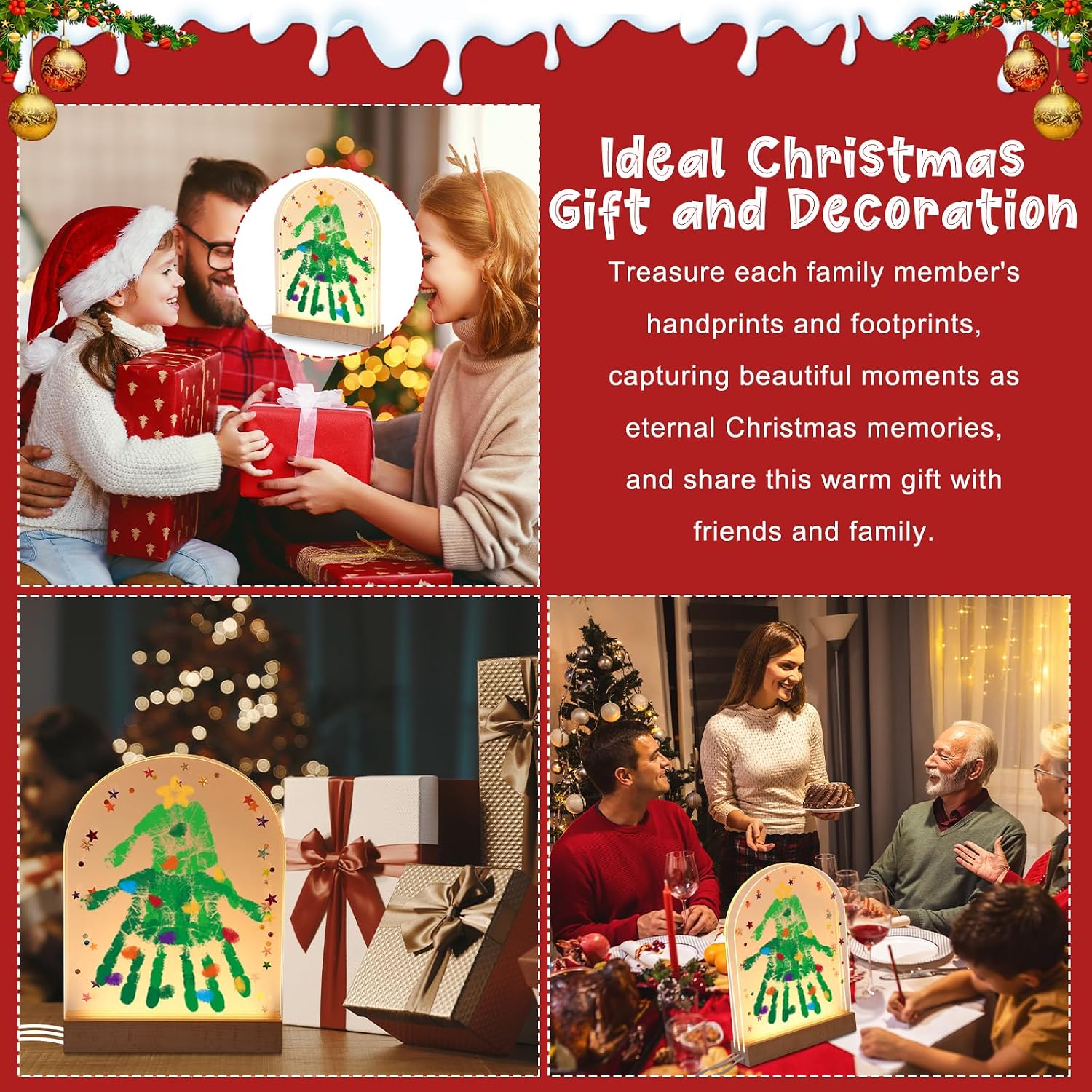 BrightRow Christmas Handprint Kit with Light DIY Family Handprint Kit Handmade Keepsake for Merry Christmas Frames Gifts Xmas Party Decorations Family Gifts Home Table Decor