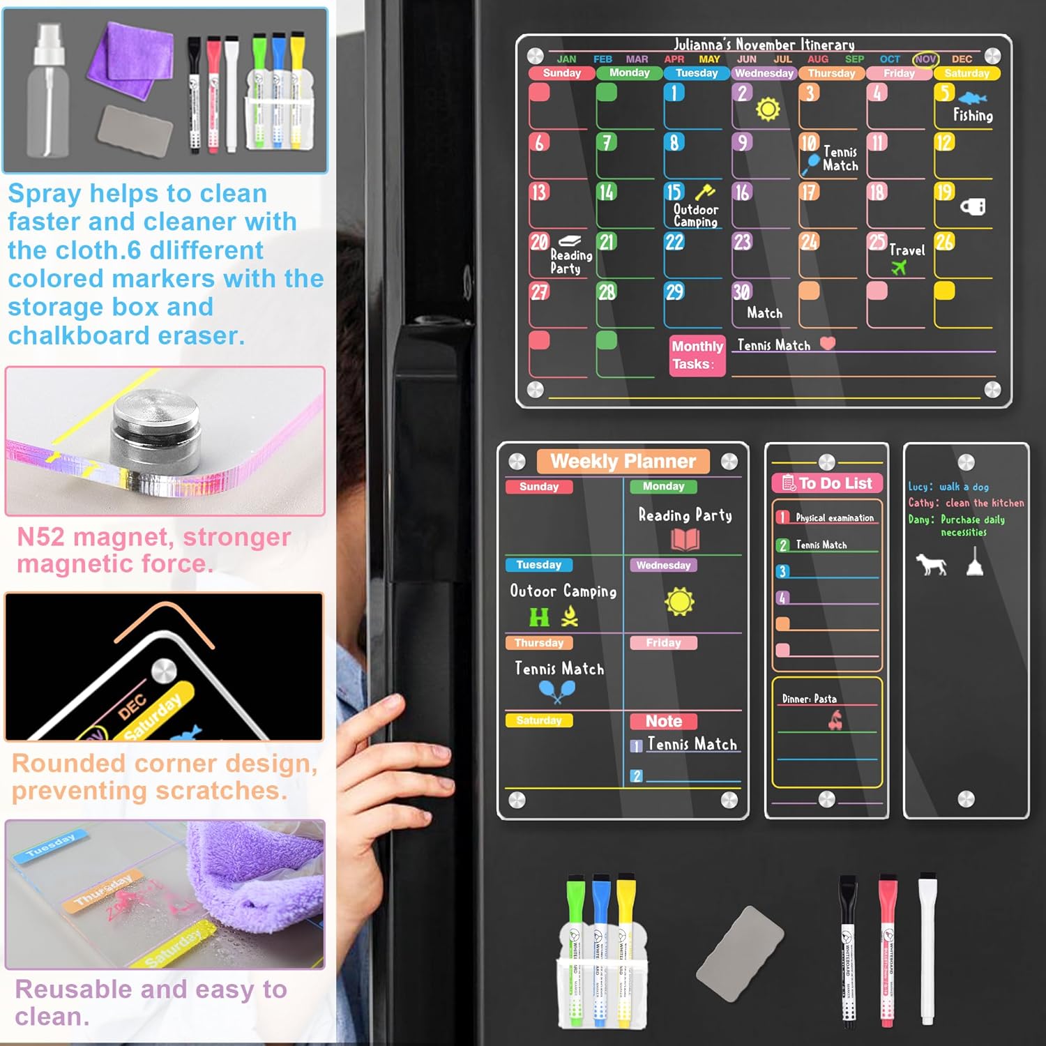 Clear Acrylic Magnetic Calendar for Fridge, 16"x12" Monthly and Weekly Calendar Planner, Dry Erase Board for Fridge, Ideal for Family Organization and Events