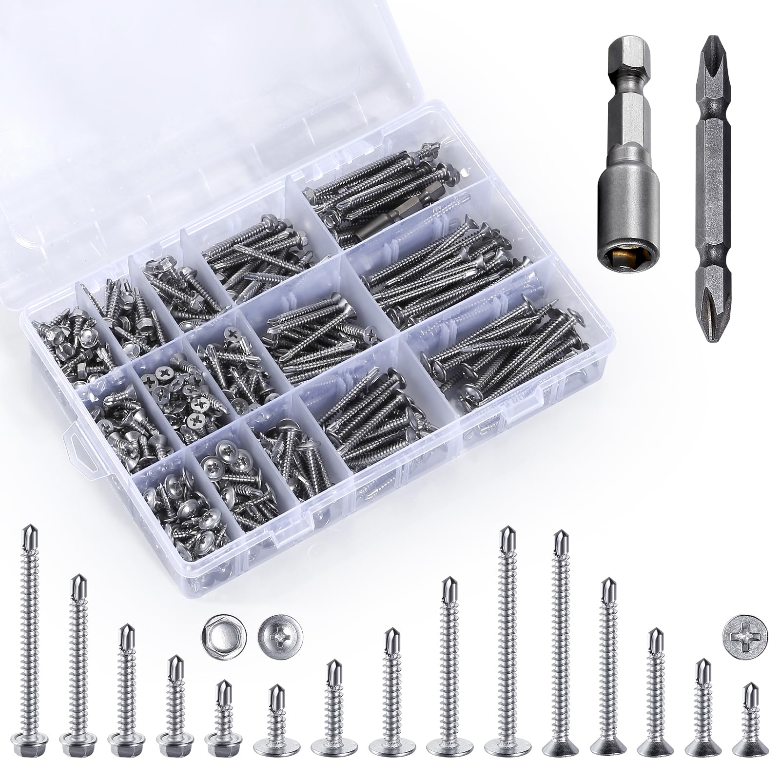 Yuecinoow 440 Pcs 410 Stainless Steel Sheet Metal Self-Tapping Screws Combination Set with Flat Head, Large Flat Head and Hexagon Head Screws