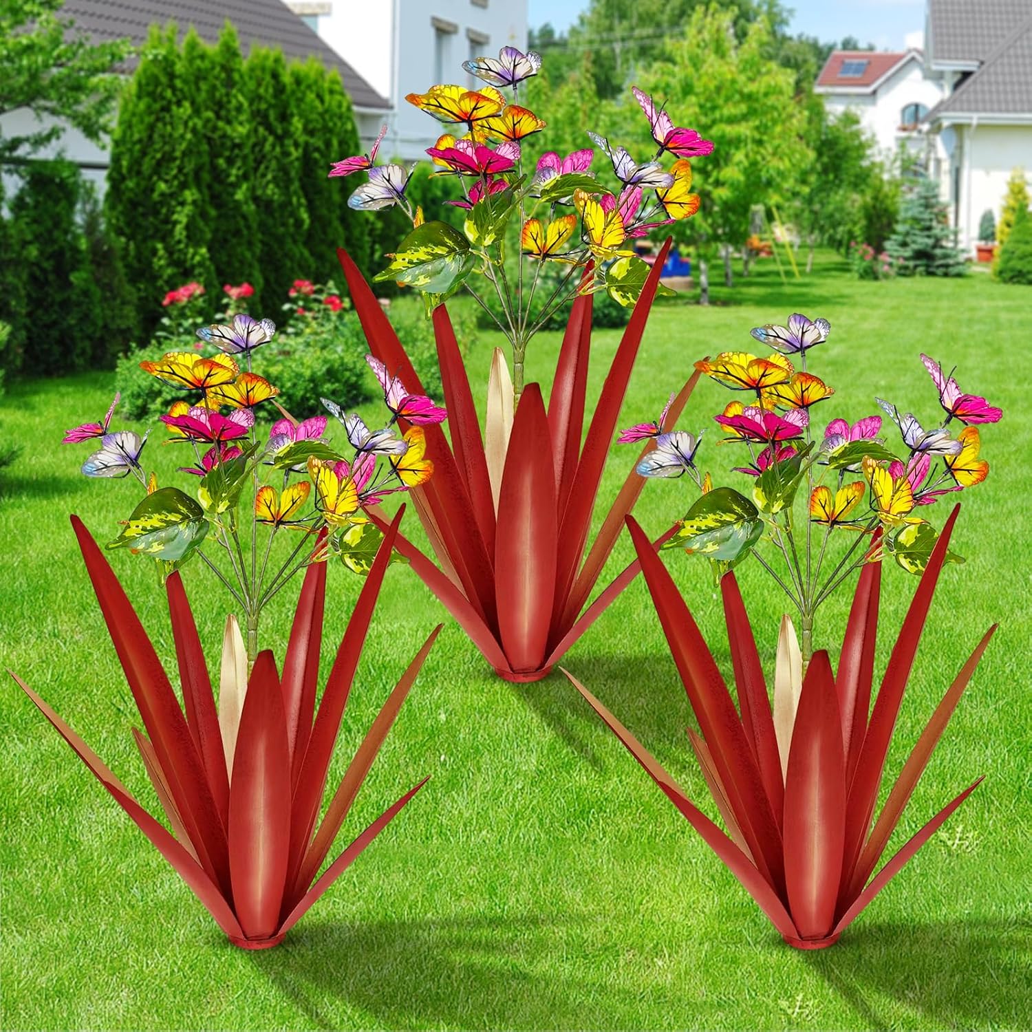 TOMBABY Garden Outdoor Butterfly Enlarge Thickened Wind Resistant Metal Agave Garden Art Metal Plant Country Sculpture Statue Decorations Ornaments Artificial Waterproof Butterflies(red 3pcs)