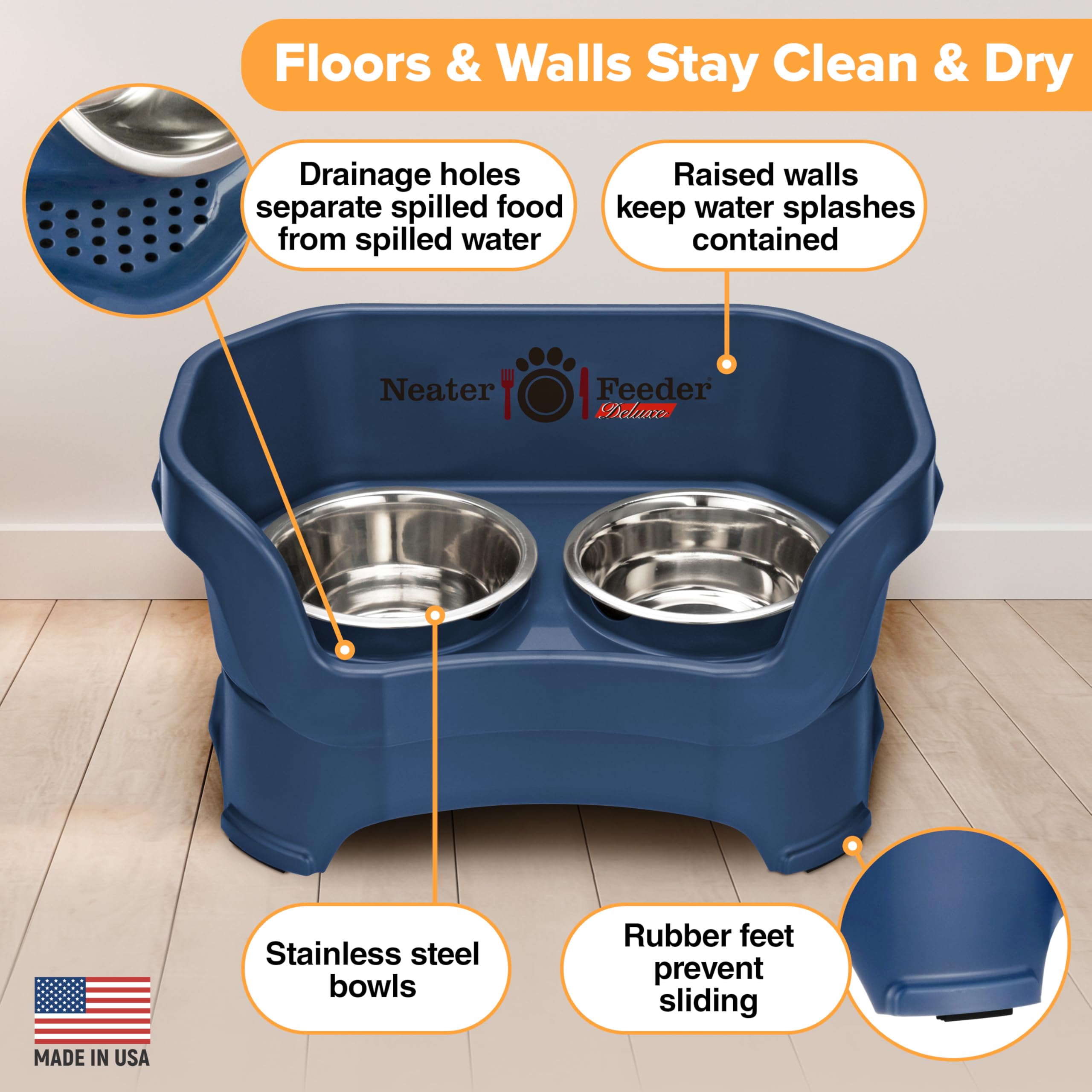 Neater Feeder - Ciotole per cani a prova di disordine (M, blu scuro) - Made in USA - rialzate, senza fuoriuscite, anti-ribaltamento, antiscivolo, rialzate, in acciaio inox per cibo e acqua