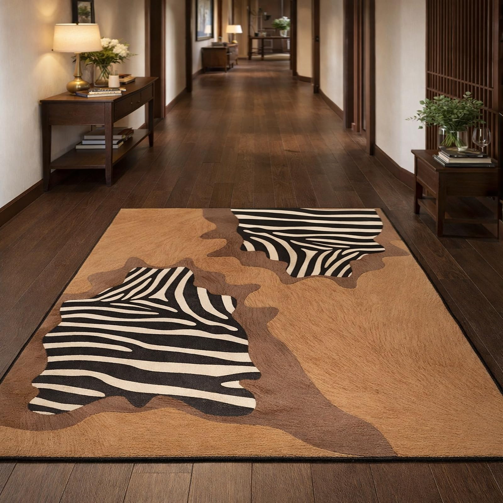 Tapis salon table basse moderne motif animal marron noir 120x185 cm