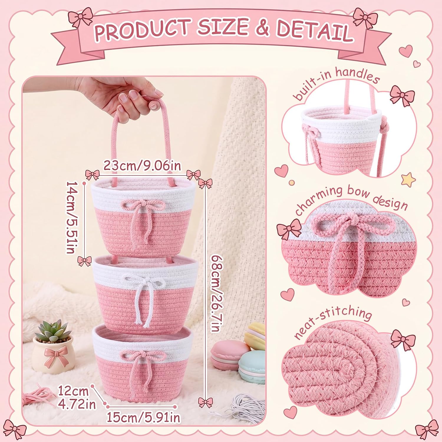 3-Tier Hanging Wall Basket Wall Mounted Woven Basket with Hook Pink Bow Over The Door Hanging Baskets for Nursery Baby Toy Organization Storage Decoration image 2