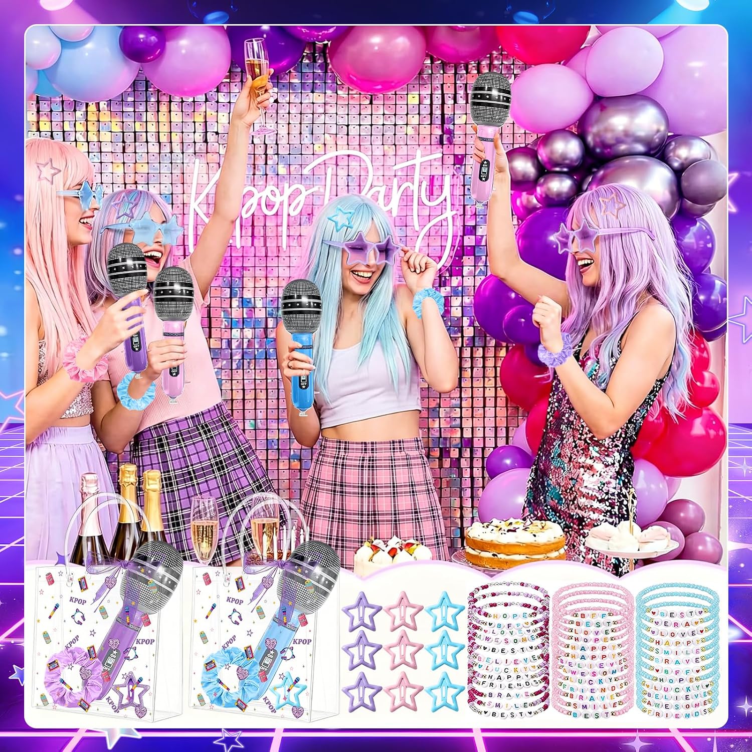 134 Pcs Kpop Party Favors Popular Singer Party Friendship Gift Set Inflatable Microphones Air Pump Bracelets Sunglasses Scrunchies Clips Ribbon and Gift Bags for 80s Y2K Kpop Disco Fans