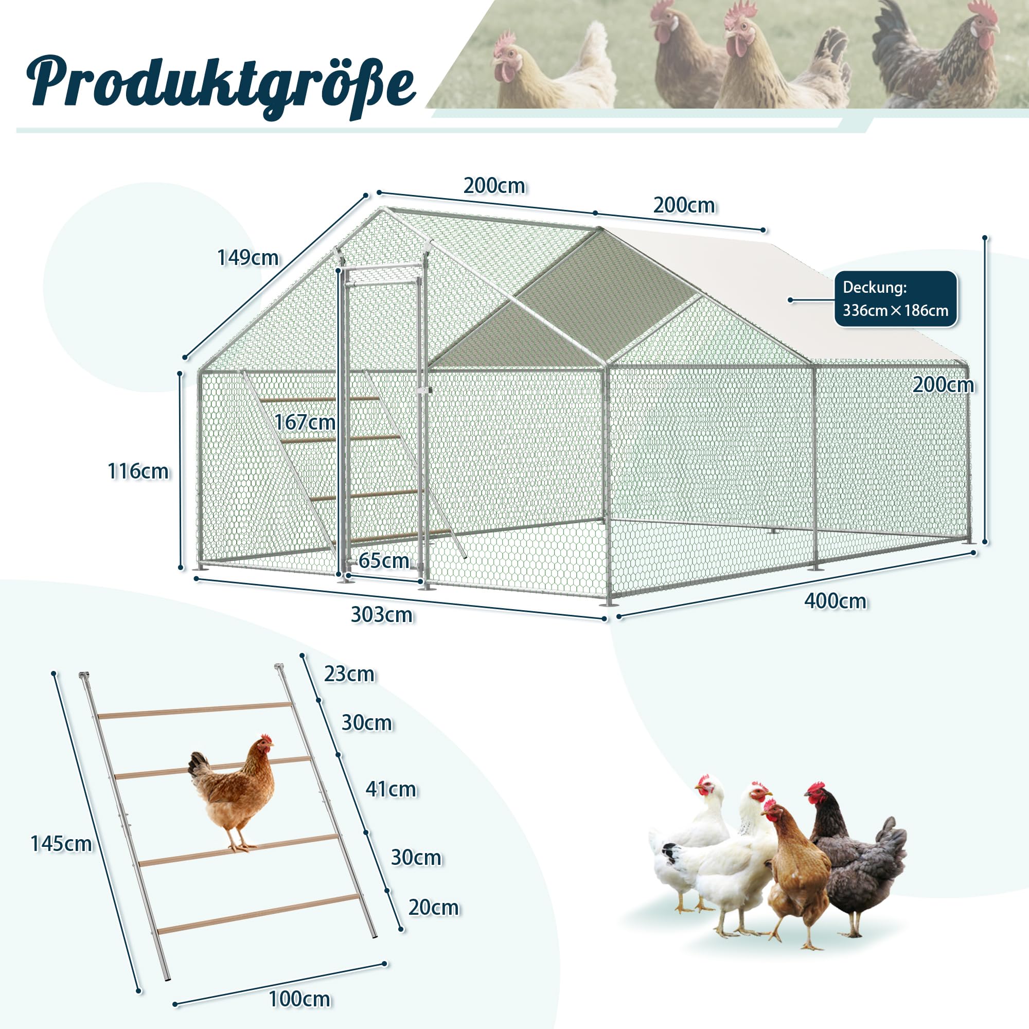 Gallinero de 3x4 m con Percha y Cierre de Seguridad - Lona Impermeable con protección UV, Tubos de Acero Reforzados de 1 mm, Conexiones Antideslizantes - Ideal para gallinas, Palomas, Patos y Pavos.
