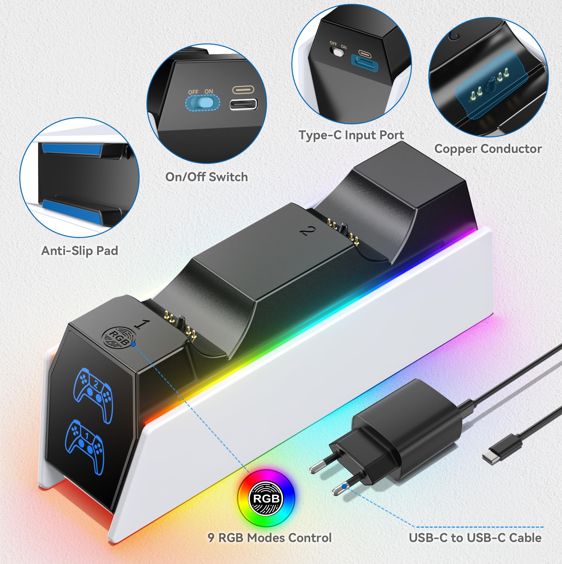 Kytok Station de Charge Manette PS5, Chargeur PS5 pour Manette PS5 Compatible avec DualSense PS5 & Edge, Accessoires de Station de Charge PS5 avec 9 Modes LED et Prise EU