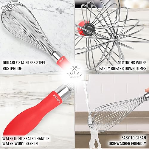 Miniatura 4 de Zulay - Batidor de acero inoxidable de 12 pulgadas, herramienta de cocina con mango de silicona suave, utensilio grueso y duradero con alambre para
