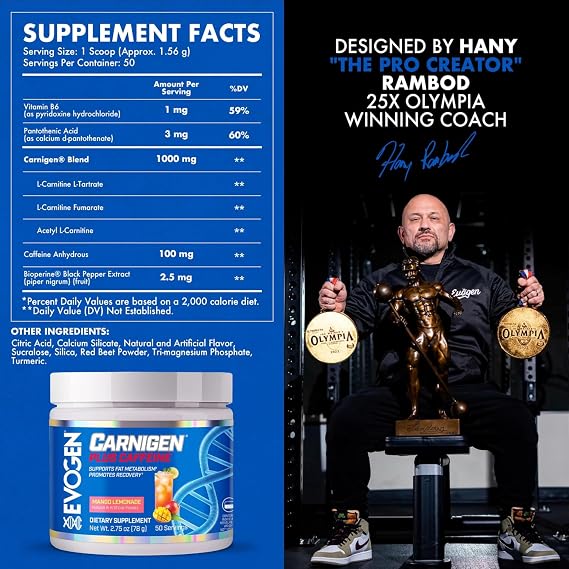 Evogen Carnigen Plus Caffeine - Premium Carnitine Powder | Supports Fat Metabolism & Promotes Recovery | L Carnitine Supplement Matrix with Caffeine & Acetyl L-Carnitine | Mango Lemonade | 50 Servings