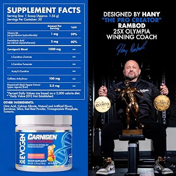 Evogen Carnigen Plus Caffeine - Premium Carnitine Powder | Supports Fat Metabolism & Promotes Recovery | L Carnitine Supplement Matrix with Caffeine & Acetyl L-Carnitine | Mango Lemonade | 50 Servings