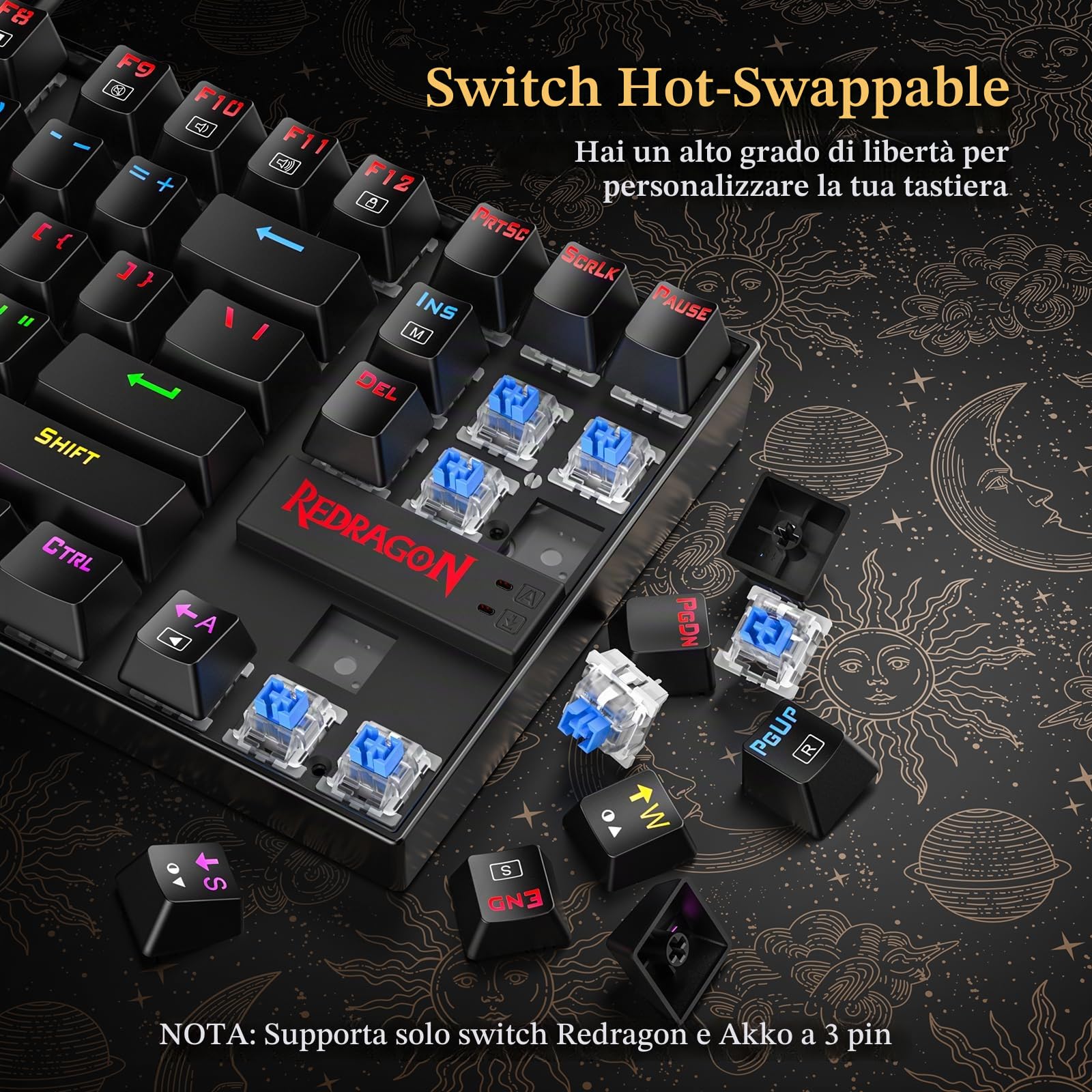 Redragon K552 Tastiera da gioco RGB 87 tasti meccanica RGB retroilluminata a LED arcobaleno Tastiera per computer senza chiave Design compatto Interruttori blu per giochi su PC Windows (layout QWERTY)