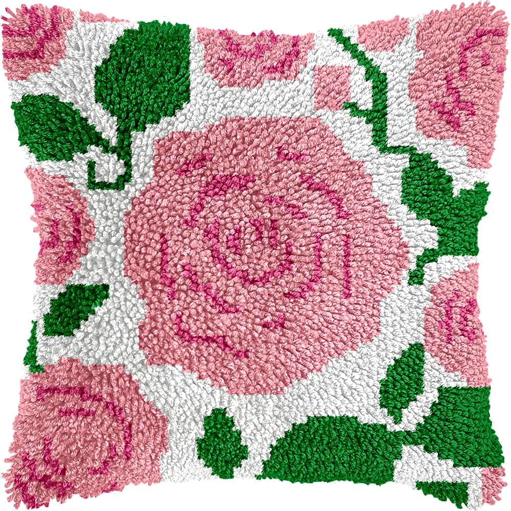 Cozykeke Flower Latch Hook Kit,DIY Pillow Cover Cushion Craft Kits with Pre-Printed Canvas for Adults and Beginners, Suitable for Home Decor and Festival Gift 17 * 17in (BX371)