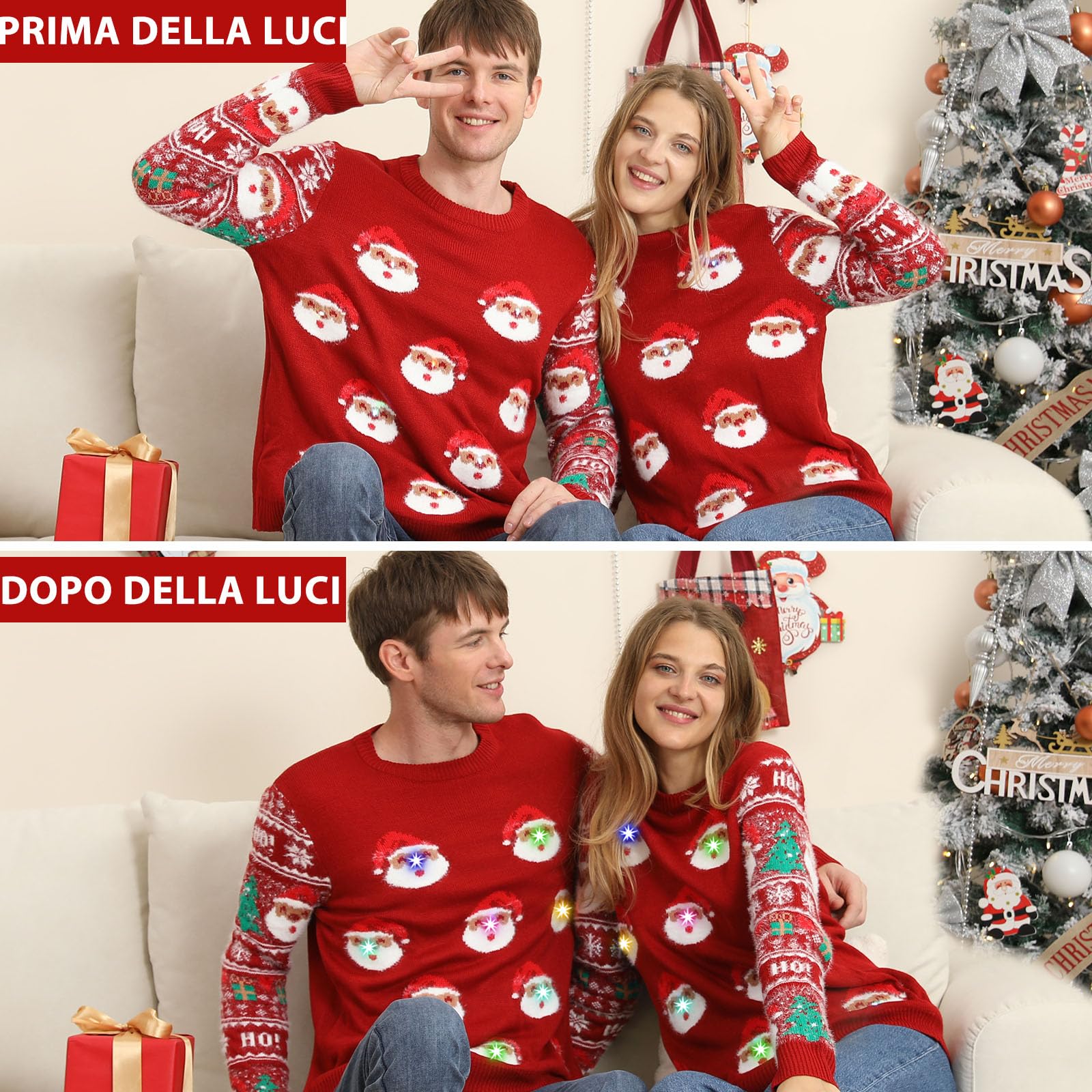 Kouric Maglione Natalizio Luci Coppia, Maglioni Natalizi Famiglia Ugly Christmas Sweater con a LED, Divertenti Maglione Natale Illumina Manica Lunga Brutti per Donna/Uomo/Famiglia