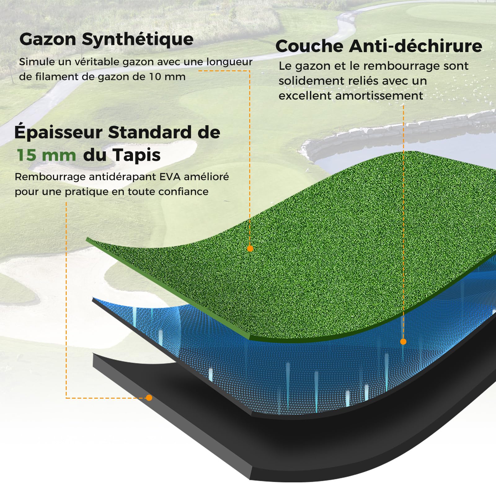 COSTWAY Tapis de Frappe de Golf, Tapis d'Entraînement de Golf avec 2 Positions de Tee et 2 Bâtons d'Alignement 6 Trous de Tee Pré-percés, pour Intérieure/Extérieure