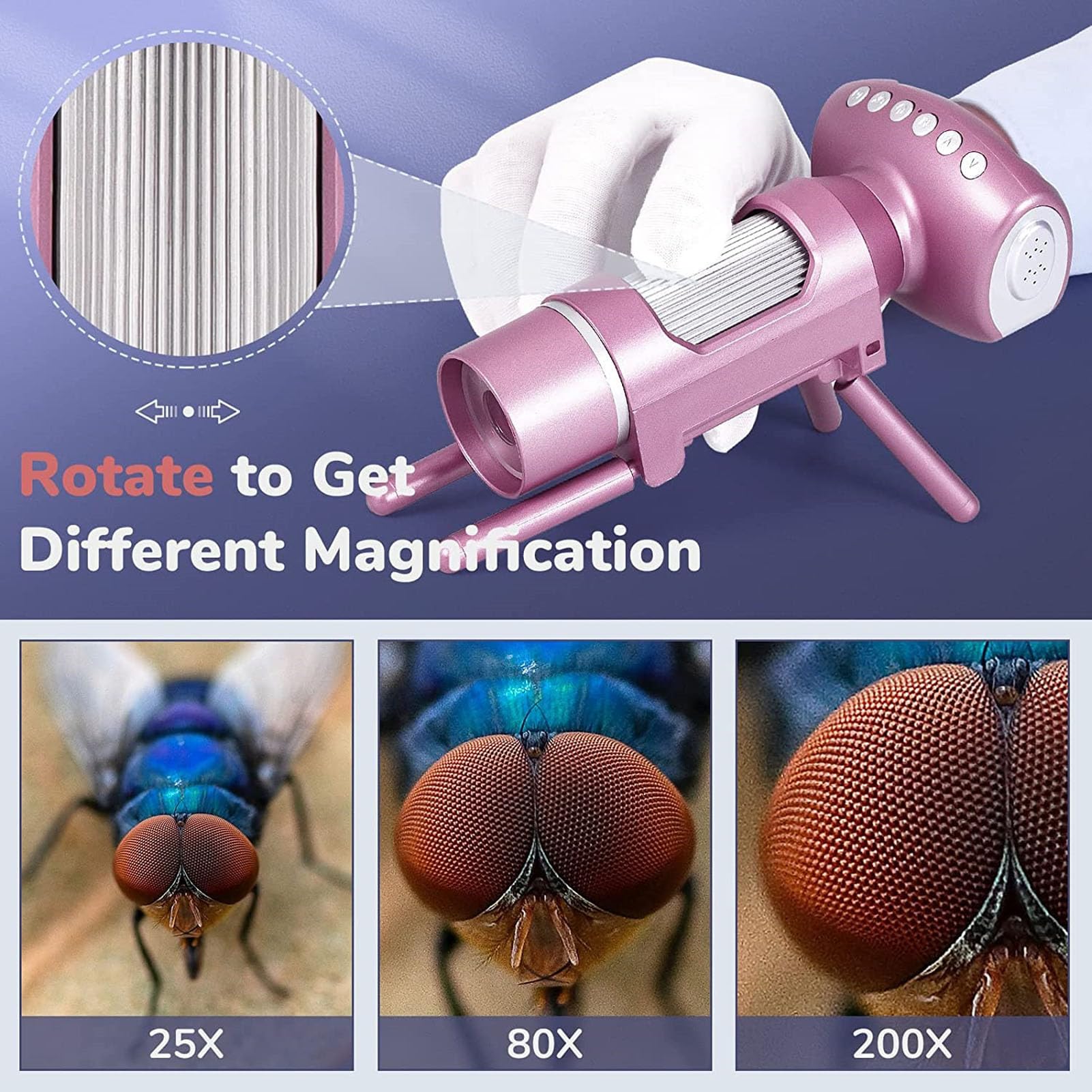 Haofy Microscopio de Bolsillo para Niños con Pantalla de 2 Pulgadas con Cámara de 40 MP y 8 Luces LED Ajustables para Exploración Científica en Casa (Pink)