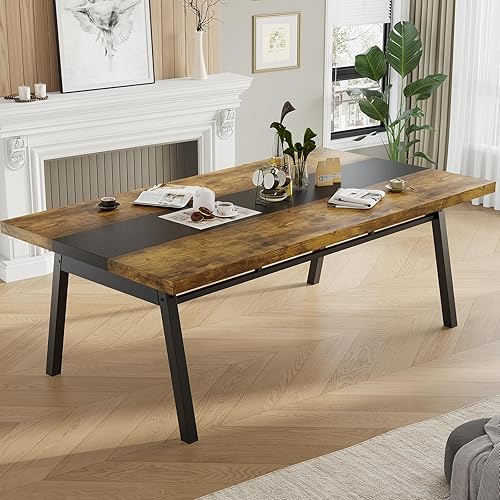 Miniatura 5 de Mesa de comedor grande de 71 pulgadas de largo con 2 cajones y estante de almacenamiento de malla metálica, mesa de cocina rectangular con marco de