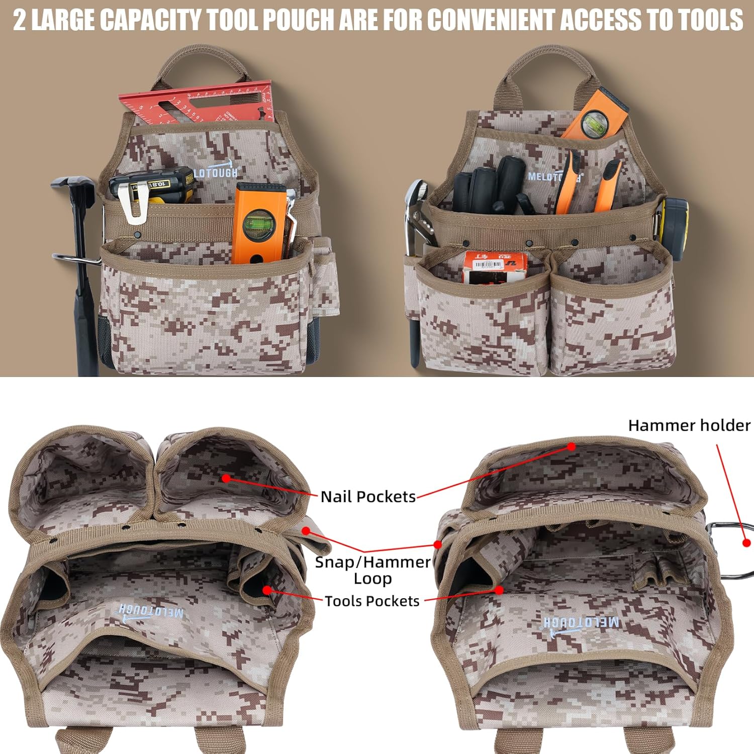 MELOTOUGH Camo Tool Belt with Suspenders Camouflage Tool Pouch Supenders Framers Combo Apron Tool Belt Construction Tool Bag Suspenders Heavy Duty Carpenter Suspension Rig for Electrician(Kahki Camo) - Image 2