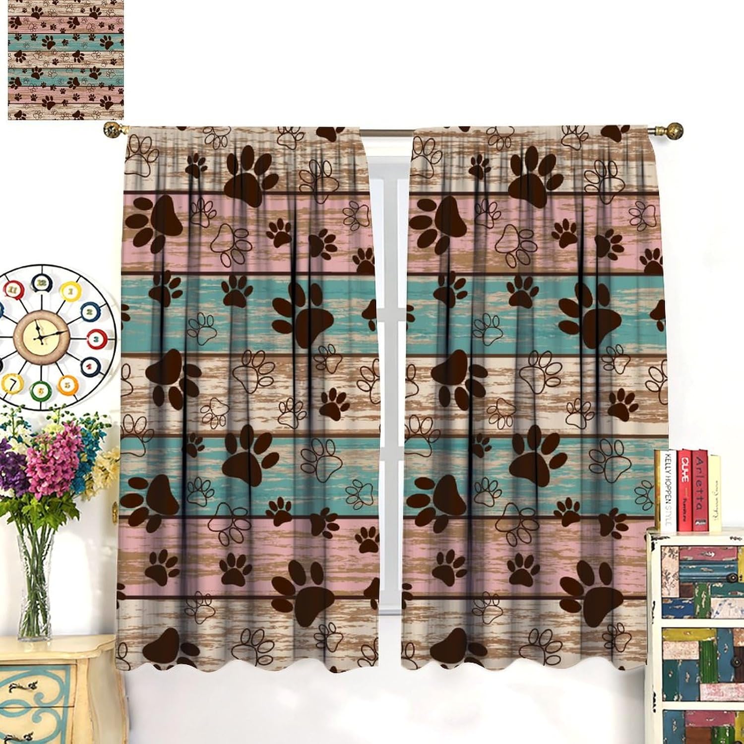 Dog Paw Print Curtains Rustic Wood Board Puppy Paws Art Printed Blackout Window Drapes for Living Room Kitchen Decor Fabric Set 2 Panel 42x45 Inch 80% Shading Rate