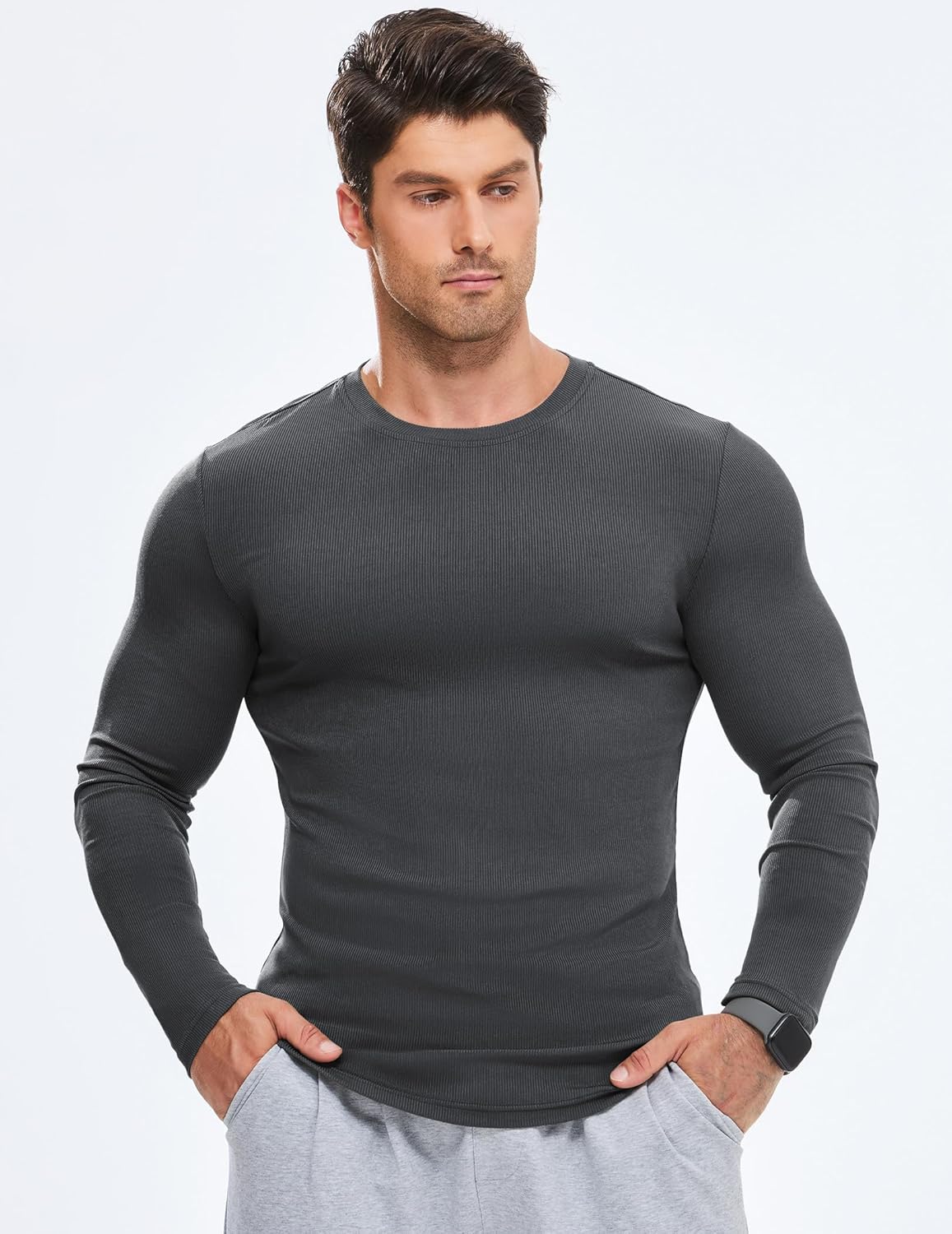 JMIERR Mens Fall Crewneck Shirt Long Sleeve Anti-Wrinkle Casual Muscle T Shirts Longline Ribbed Shirts - Image 9
