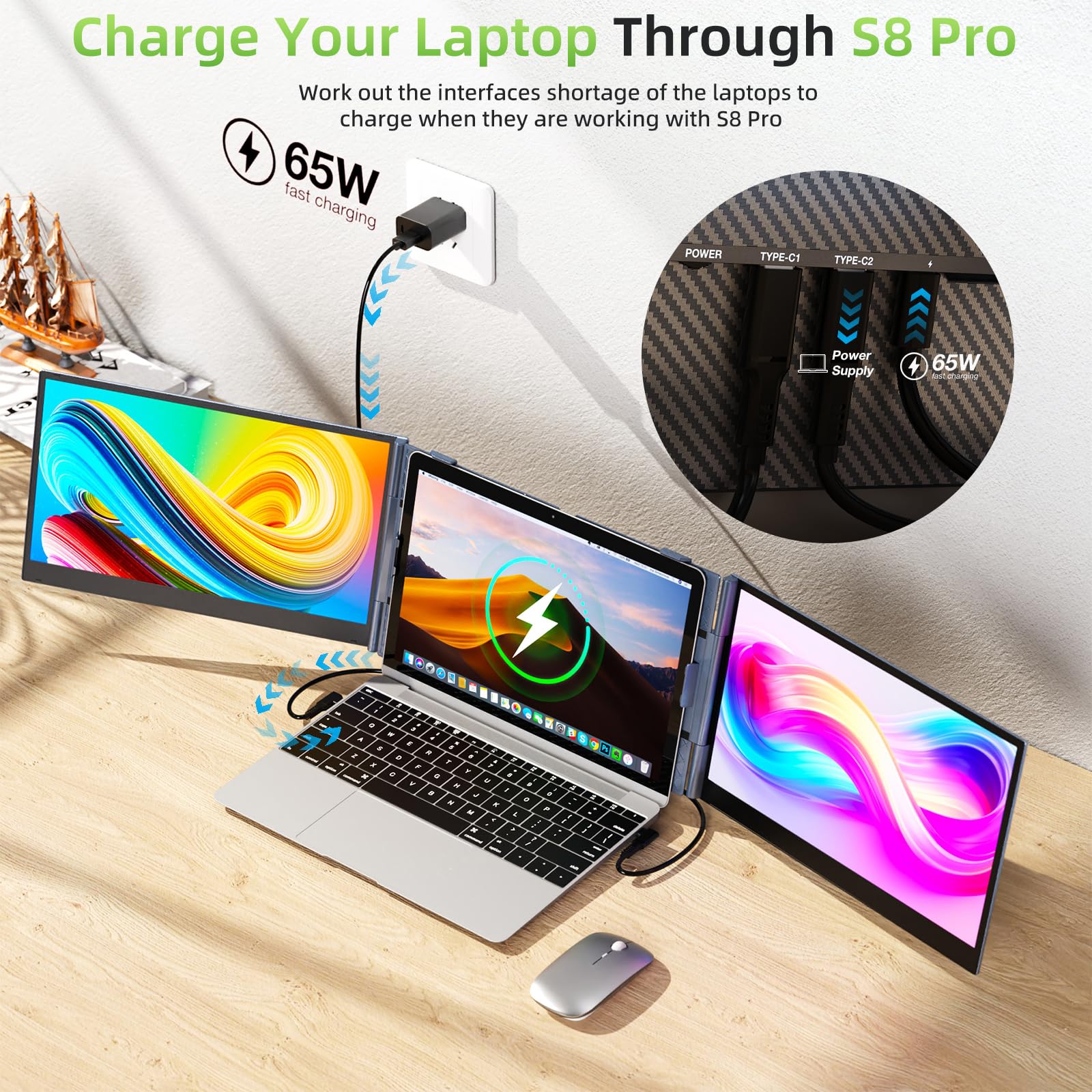 SMISEACOW Extensor de Pantalla para Portátil, ultradelgado y Ultraligero,14″FHD 1080P S8Pro Monitor portátil para portátil, Plug & Play, para de 13-17″ con Soporte, Compatible con Windows/Mac/Linux
