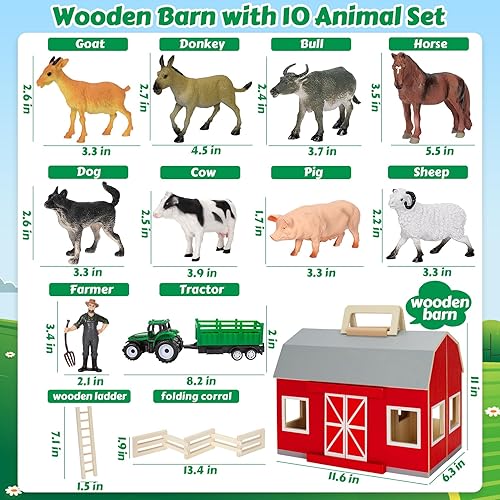 Miniatura 3 de Juguetes de animales de granja para niños pequeños de 3 años, granero de madera grande con figuras de animales de juguete de simulación para niños,