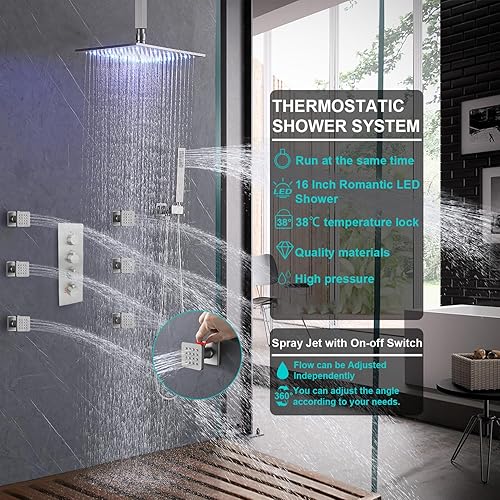 Miniatura 89 de Enga Sistema de ducha termostático doble, grifo de ducha de lluvia doble de montaje en pared de 12 pulgadas + 6 pulgadas, todas las funciones se Oro