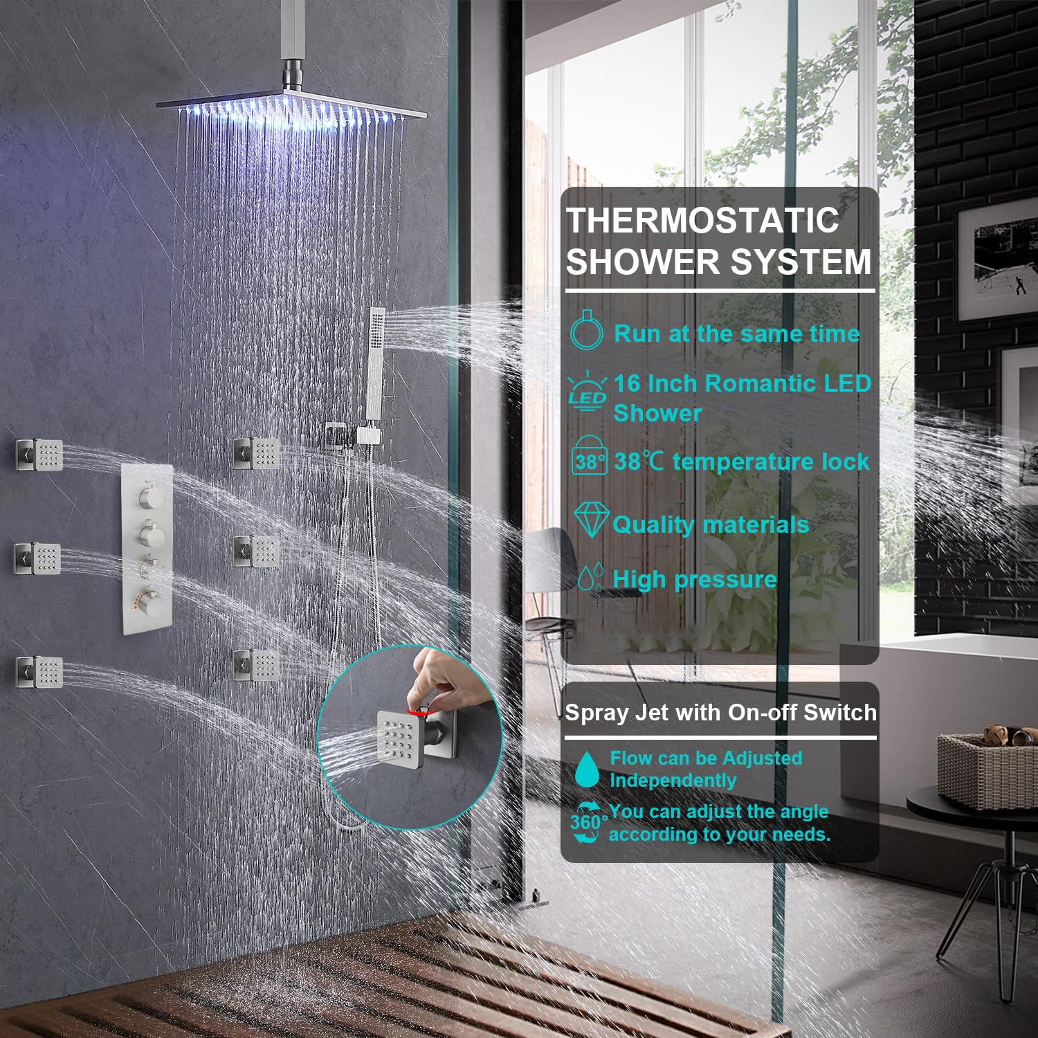 Enga Thermostat Doppelkopf-Duschsystem Mit 40,6 X 81,3 Cm Regenfallkopf & 15,2 Cm Wandbrause – Zwei-Personen-Dusche Für Paare