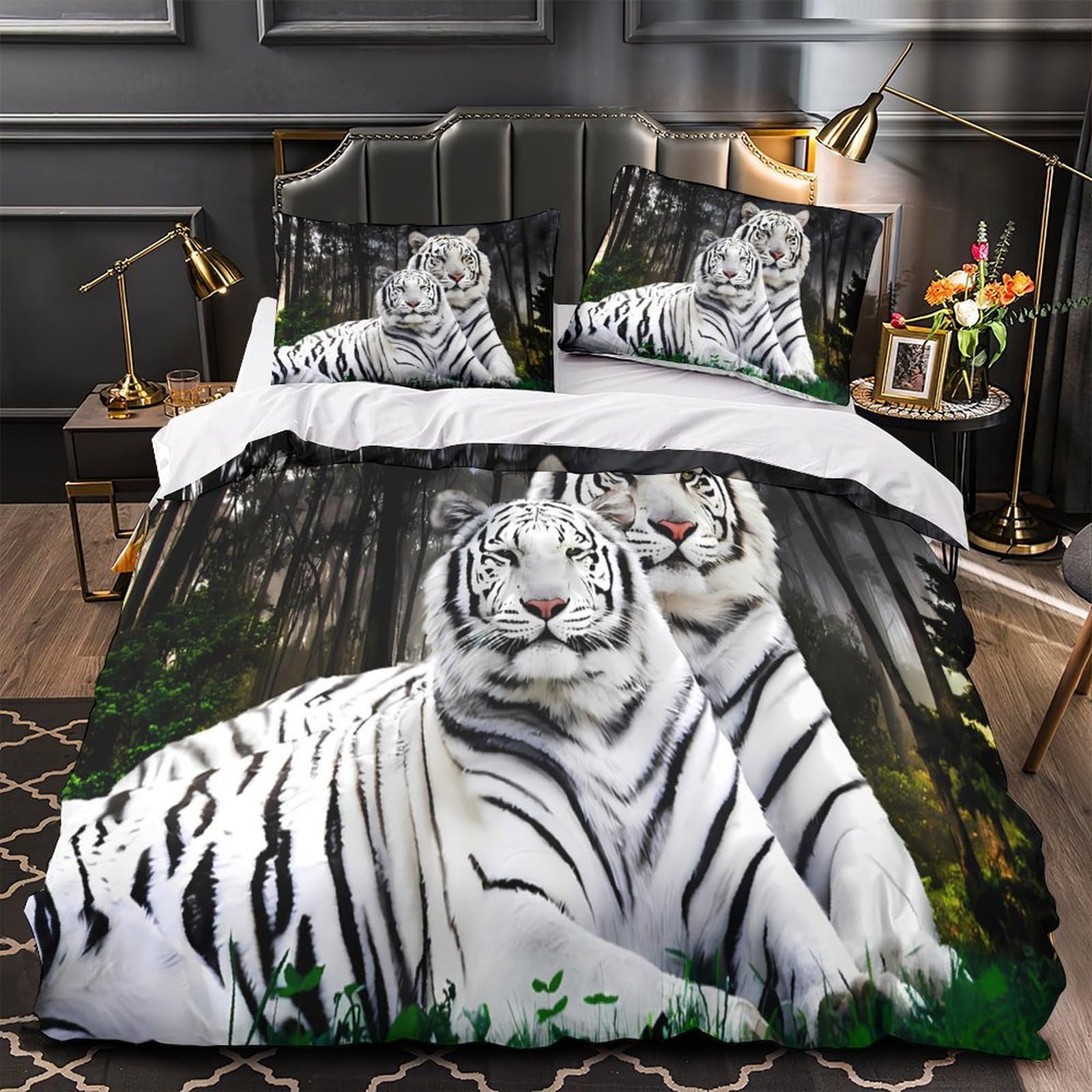 MMDASBVPE White Tigers Quilt Cover 3D Design Printed Luxurious 3 Pcs Bedding Set Zipper wild Animal Duvet Cover Super Soft All Season for Kids Adults Women Teens Youth Girls Super king（260x220cm）