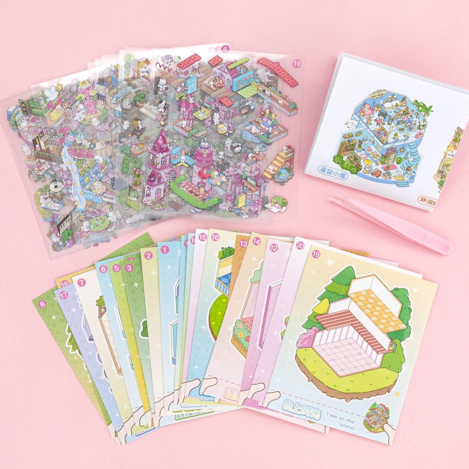 3D Mini Pet Scene Sticker Set, 20 Scenes + 20 Stickers Cute Pet Landscape DIY Craft Sticker Gift Box for Girls Kids - Pink