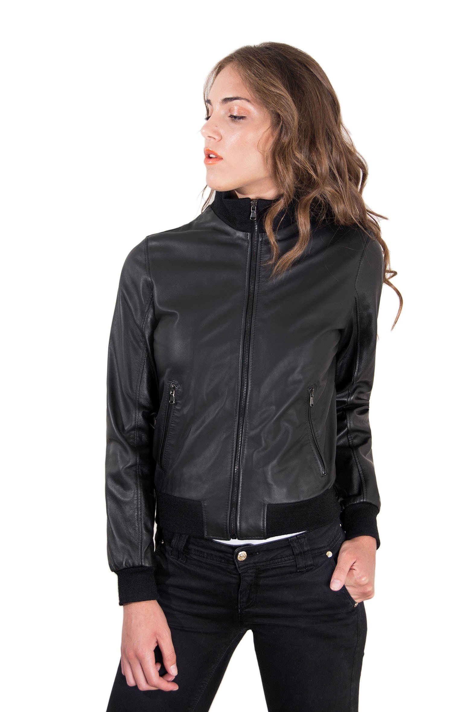 D'Arienzo Bomber in Pelle Blu Donna Giacca Primaverile Giubbotto Moto Vera Pelle Made in Italy G154