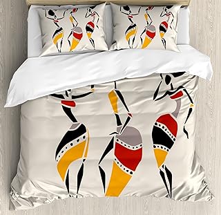 Ambesonne African Duvet Cover Set, Dancers Silhouette Set Native Dresses Party Carnival Tradition, Decorative 3 Piece Bedding Set with 2 Pillow Shams, Queen Size, Dark Cream