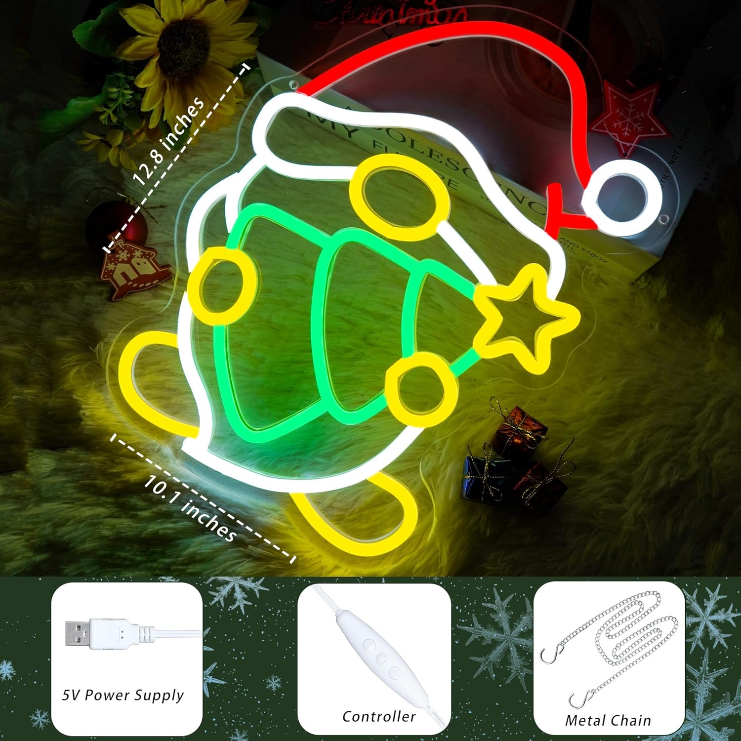 Christmas Elf Neon Sign Cute Santa Claus Light with Dimmable LED USB Powered for Bedroom Wall Party Decor Present Gnome (10.1 x 12.8 inches) - Image 2