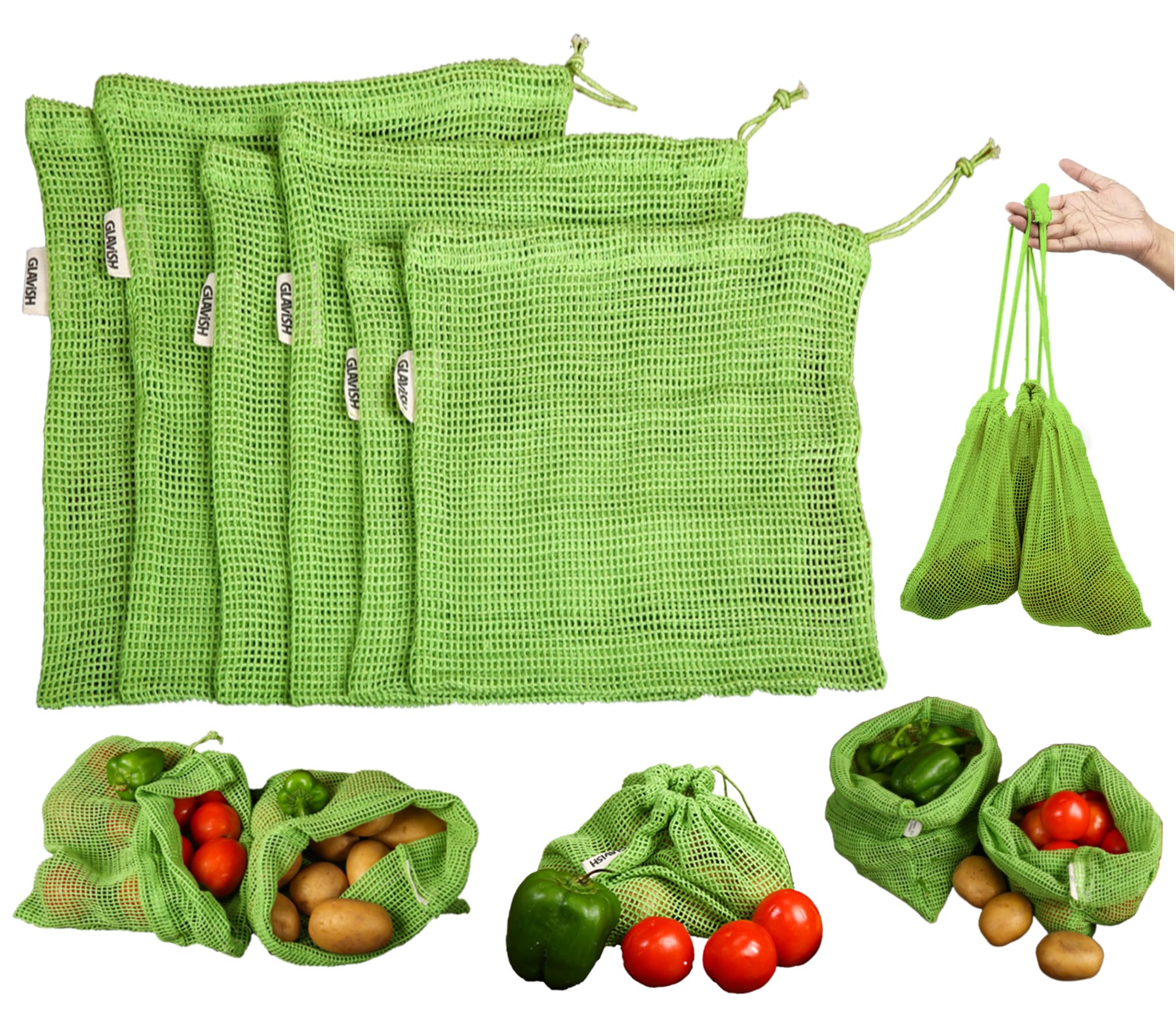 GLAVISH 100% Cotton Set Of 6, Reusable Drawstring Fridge Storage Bags For Vegetables And Fruit, Multi-Purpose Eco-Friendly Cotton Mesh Net Bag For Freezer Organiser (2X Small, 2X Medium, 2X Large)