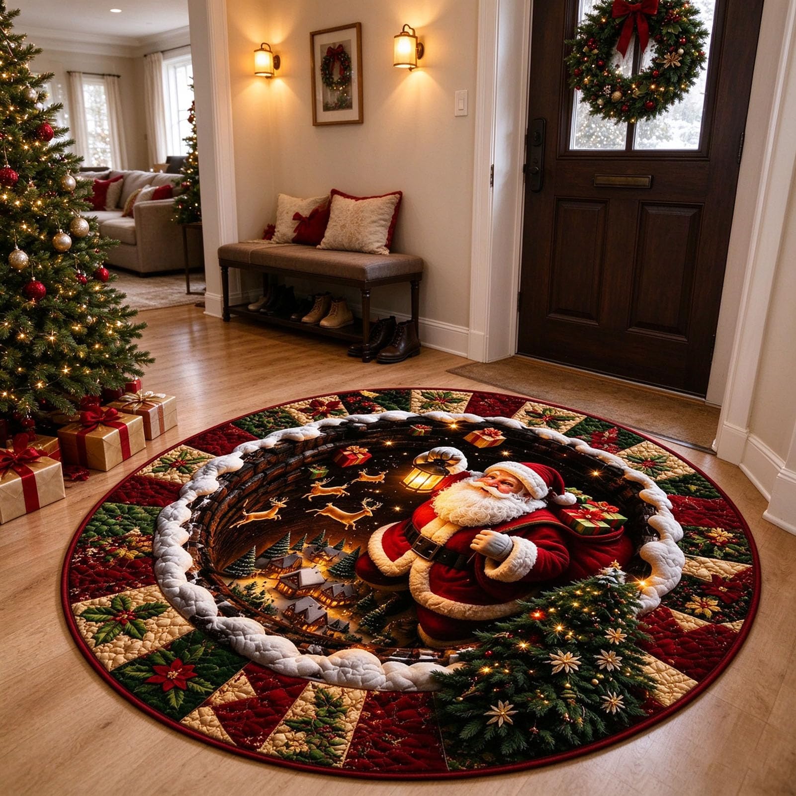 Tapis Illusion D'optique 3D, Tapis Rond avec Motif père noël,1,160cm