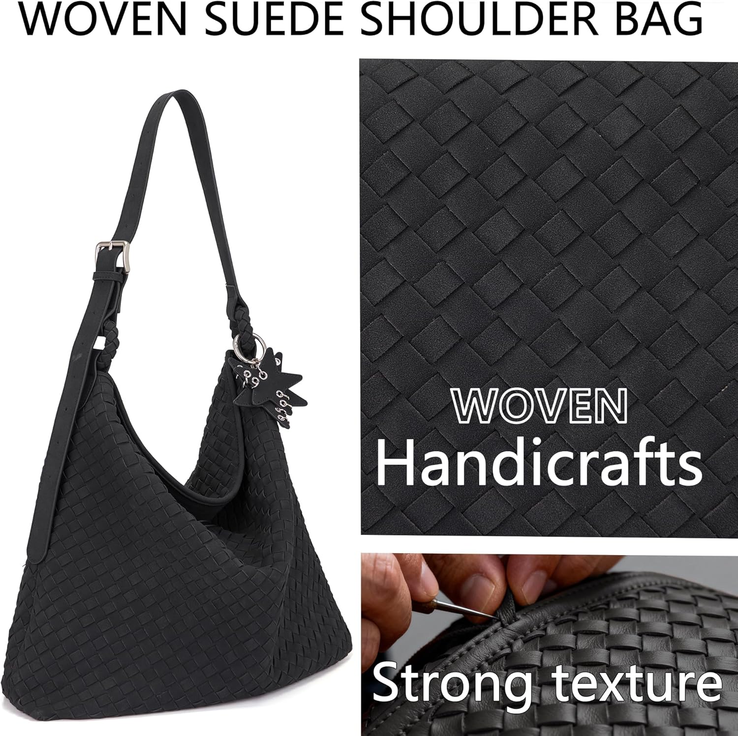 Woven Shoulder Bags Suede Hobo Slouchy Tote Purse with Adjustable Strap for Women, Large Spacious Crossbody bag